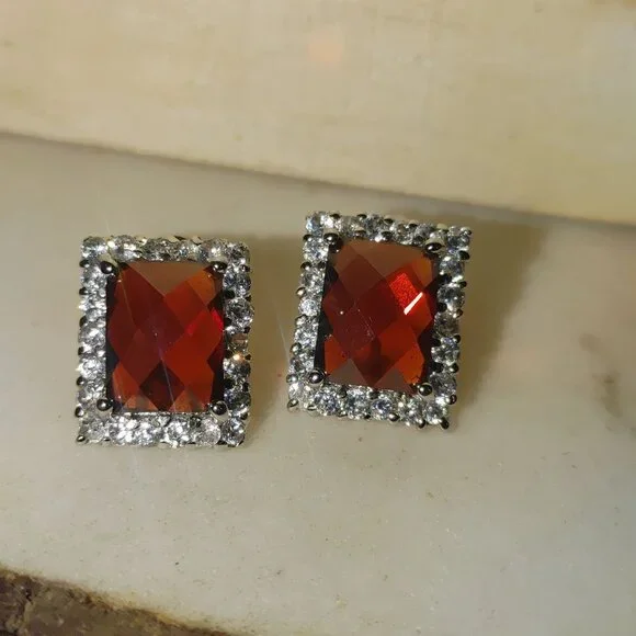 Garnet Earrings Sterling Silver 925 Vintage Square Red Bold Elegant Gemstones - Picture 6 of 9
